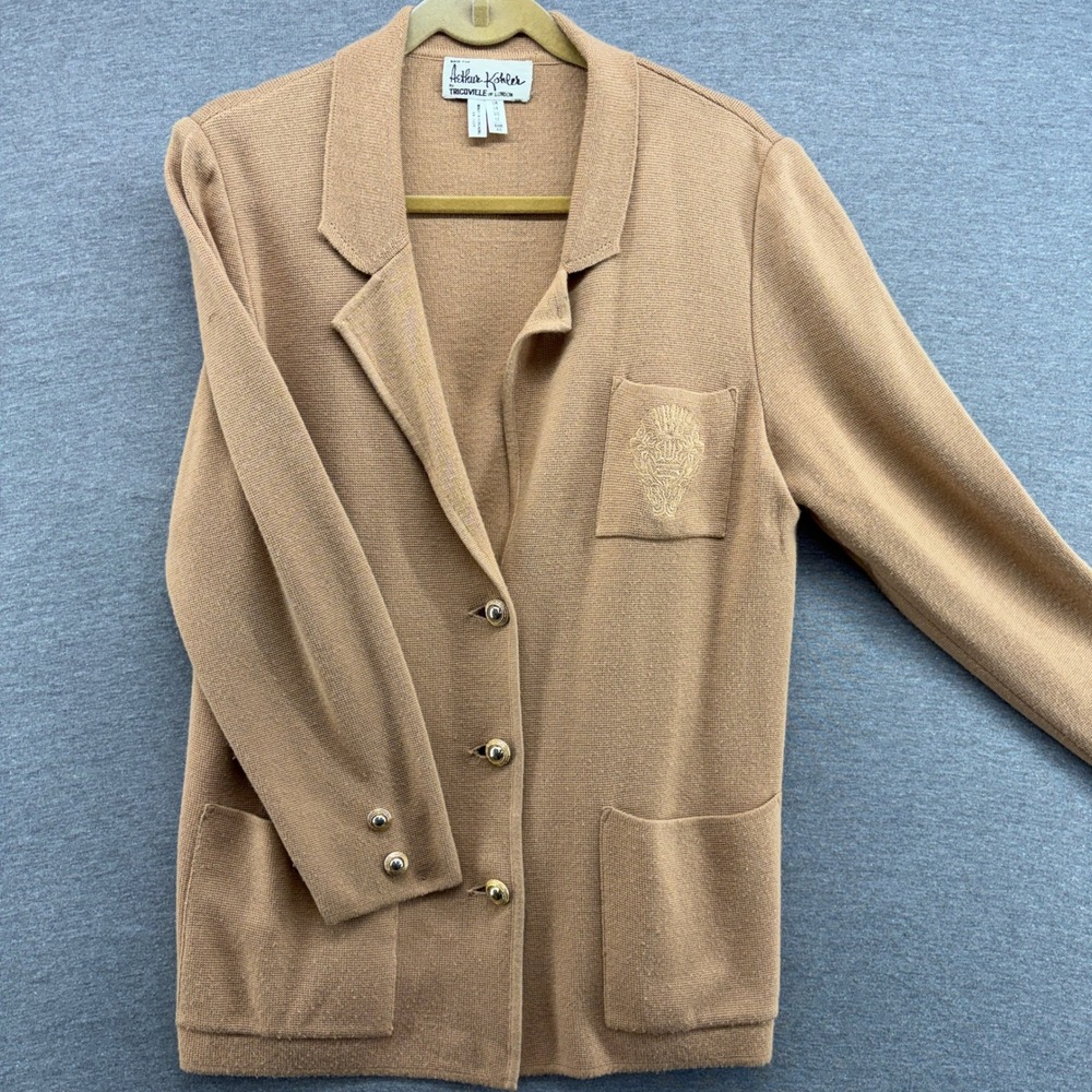 Arthur Kohler Tan‎ Textured Knit Blazer Jacket Embroidered Pocket Women Size 12